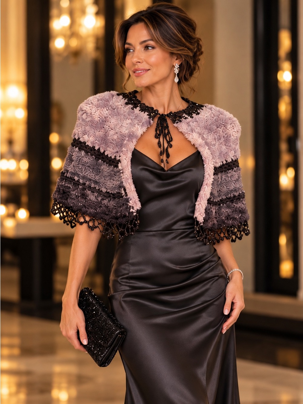 Faux Fur Black and Grey Hand Knitted Capelet